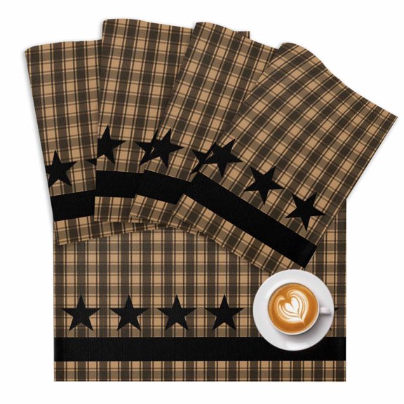 Checkered Stars Placemats Set of 1 Retro Brown Black Plaid Art Place Mats Washable Table Mats for Party Kitchen Dining Decoration, 13 X 19 Inch
