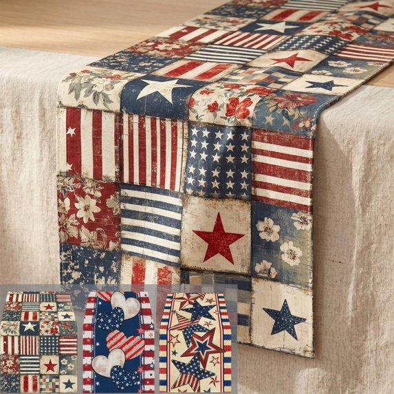 FAJHHA Table Runner 13.79" x 9.85" Art Deco Checkered Stars Stripes Table Runner Multicolor Checkered Stars Stripes Table Runners