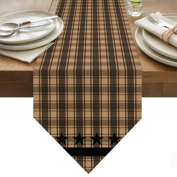 Checkered Stars Table Runner 108 Inches Long Retro Brown Black Plaid Art Table Runners for Dining Room Tabletop Dresser Scarf Home Party Banquet Wedding Holiday Decoration