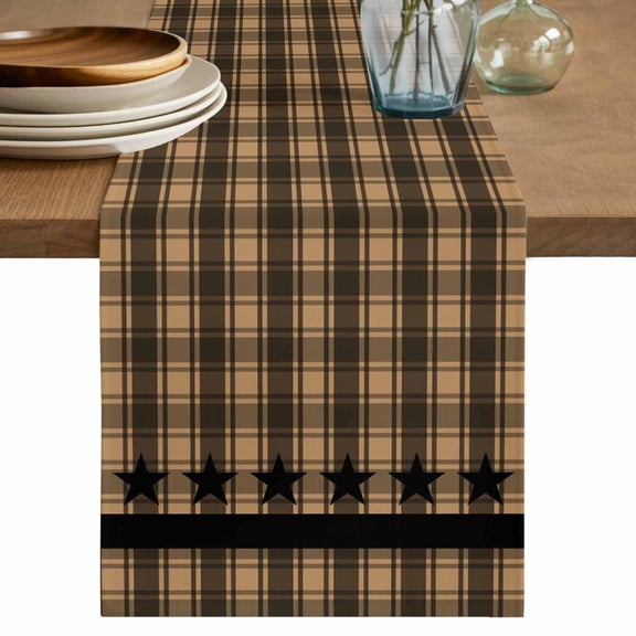Checkered Stars Table Runner, Retro Brown Black Plaid Art Cotton Linen Kitchen Table Decoration Washable Dining Tabletop Runners for Home Party Decor 13x72 Inches