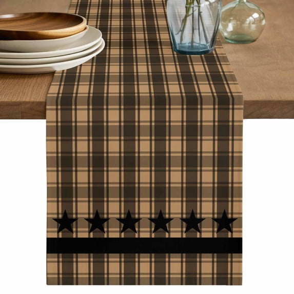 Checkered Stars Table Runner, Retro Brown Black Plaid Art Cotton Linen ...