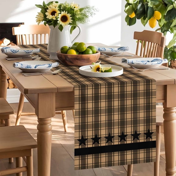 Checkered Stars Table Runner, Retro Brown Black Plaid Art Washable Kitchen Table Runners Dress Scarves for Dining Table Decorations Party/Restaurant/Indoor Outdoor Use, 18x72in
