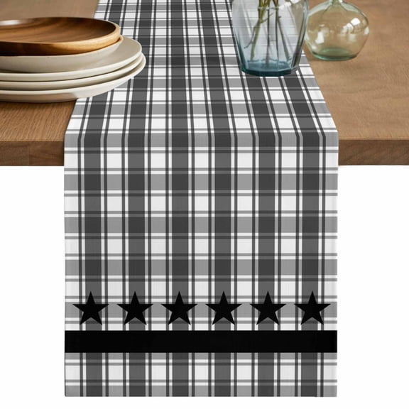 Checkered Stars Table Runner, White Green Black Plaid Art Cotton Linen Kitchen Table Decoration Washable Dining Tabletop Runners for Home Party Decor 18x72 Inches