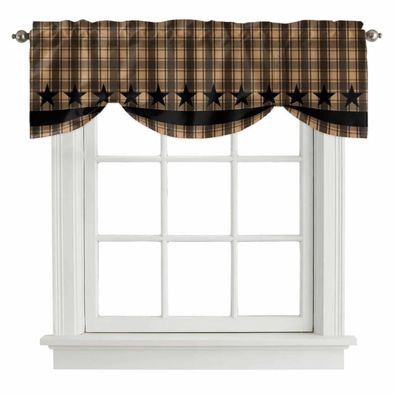 Checkered Stars Tie Up Valance Curtains Retro Brown Black Plaid Art Adjustable Light Filtering Tie Up Valance Small Window Shade for Kitchen Bedroom Cafe 42" W x 12" L