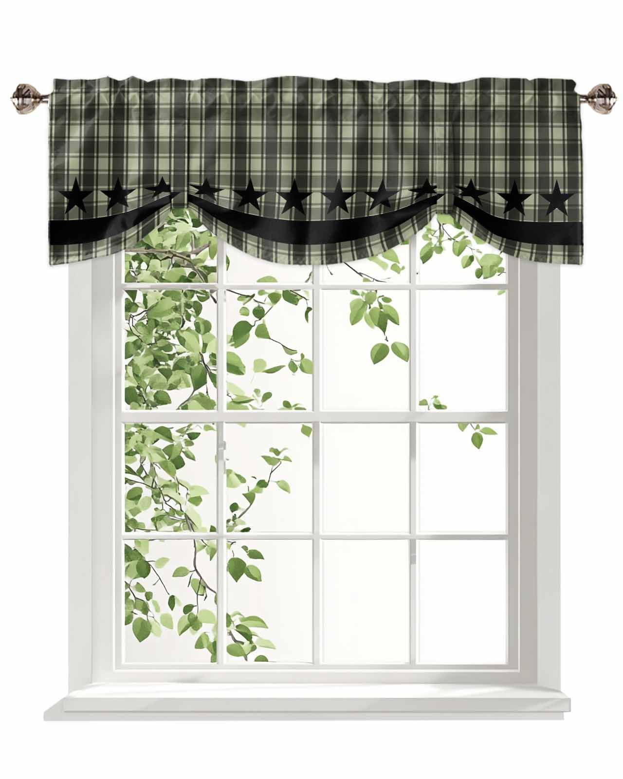 Checkered Stars Tie Up Valances Curtain, Adjustable Kitchen Sage Green Black Plaid Art Valances for Windows Decor, Rod Pocket Short Curtains Set for Bedroom/Bathroom, 54"x18"