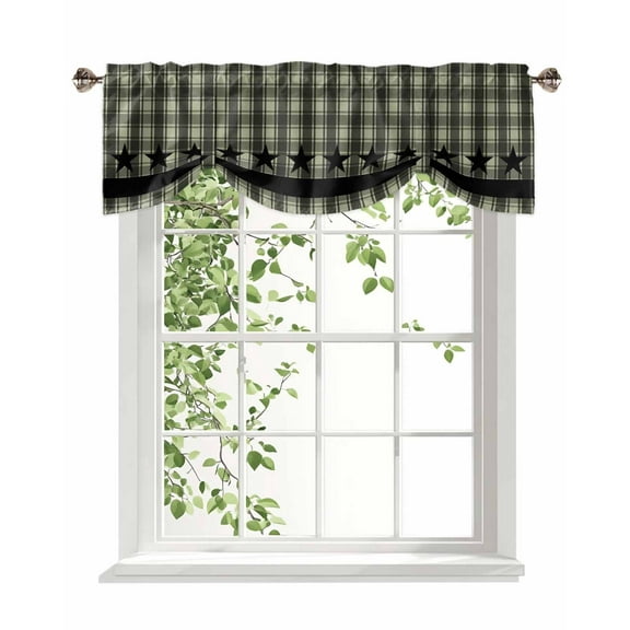 Checkered Stars Tie Up Valances Curtain, Adjustable Kitchen Sage Green Black Plaid Art Valances for Windows Decor, Rod Pocket Short Curtains Set for Bedroom/Bathroom, 54"x18"