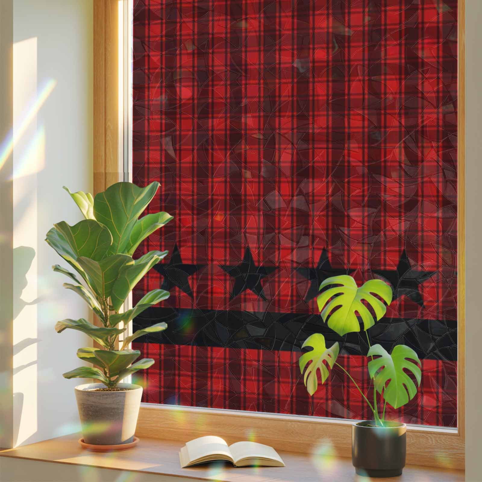 Checkered Stars Window Privacy Film, Retro Red Black Plaid Art Stained ...