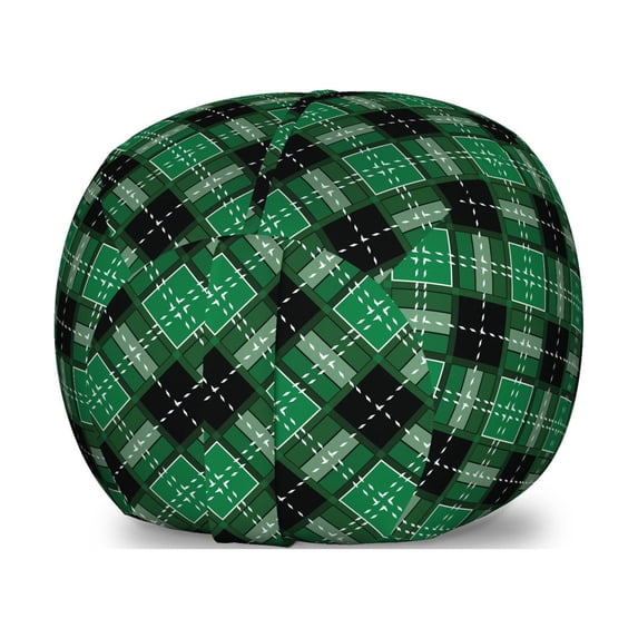 Checkered Storage Toy Bag Chair, Abstract Old Fashioned Classic Irish Tartan Pattern with Geometric Symmetric, Stuffed Animal Organizer Washable Bag, Large Size, Black and Green, by Ambesonne