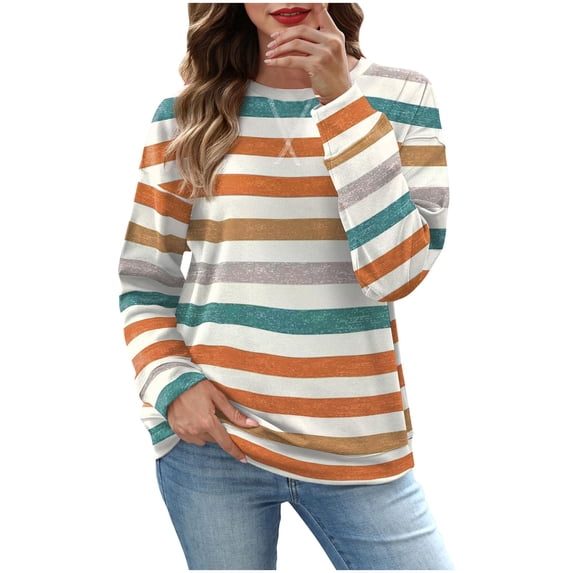 Checkered/Stripe Printed Women's Hoodie - Loose Round Neck Drop Shoulder, Long Sleeve Fashion Casual Top for Weekend Wear Orange XXL