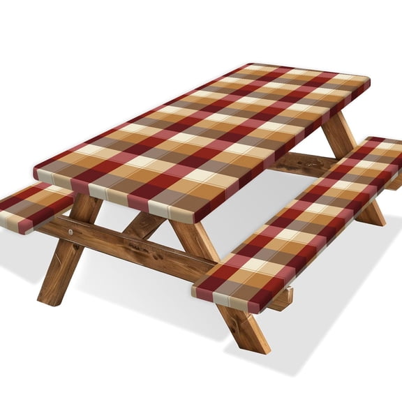 Checkered Style Picnic Table Cover with Bench Covers, Camping Essentials, Plaid Windproof, Fitted Tablecloth Cover with Elastic Edge, for Indoor, Outdoor, 3 PCS, 30x72 Inch
