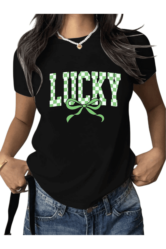 Checkered Sweet Element Style Lucky Print Tshirt St. Patrick's Day Text-Bow Cotton Shirts Casual Sweet Festive Outing Graphic Tees Black S-5XL Tops