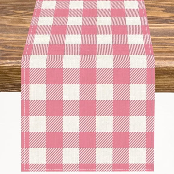 Checkered Table Runner Picnic Countryside Themed Gingham Pattern Pink White Kitchen Dinner Runner for Indoor Home Living Room Party Dining Table Decoration 13"x36"