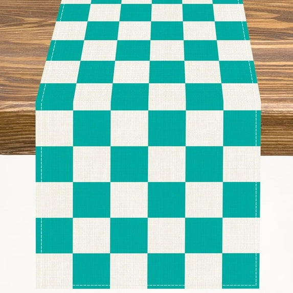 Checkered Table Runner Teal Turquoise Modern Checkerboard Vintage Aesthetic Kitchen Dinner Runner for Indoor Home Living Room Party Dining Table Decoration 13"x36"