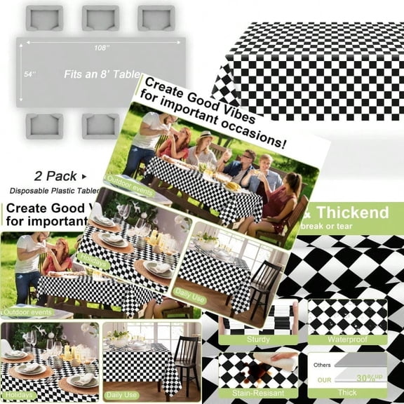 Checkered Tablecloth Disposable 2 Pack 54 x 108 Inch Black and White Checkered Flag Table Cloth for Rectangle Tables Plastic Table Cover