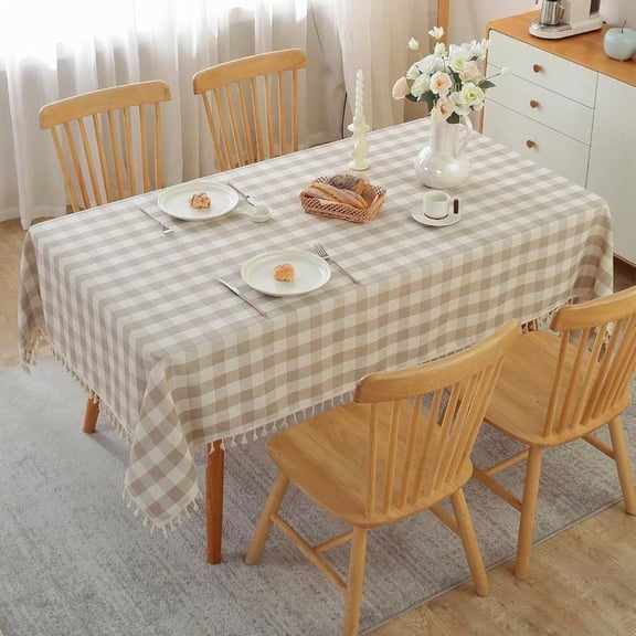 Checkered Tablecloth Rec Cotton Linen Fabric Gingham Table Cloth Buffalo Plaid Table Cover with Tassel Wrinkle Free Washable for Kitchen Dining Picnic Beige and Cream 55X106'' 810 Seats