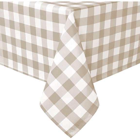 Checkered Tablecloth Rectangle 60 x 120 Inch - Stain Resistant, Spillproof and Washable Gingham Table Cloth for Outdoor Picnic, Kitchen and Holiday Dinner, Khaki and White