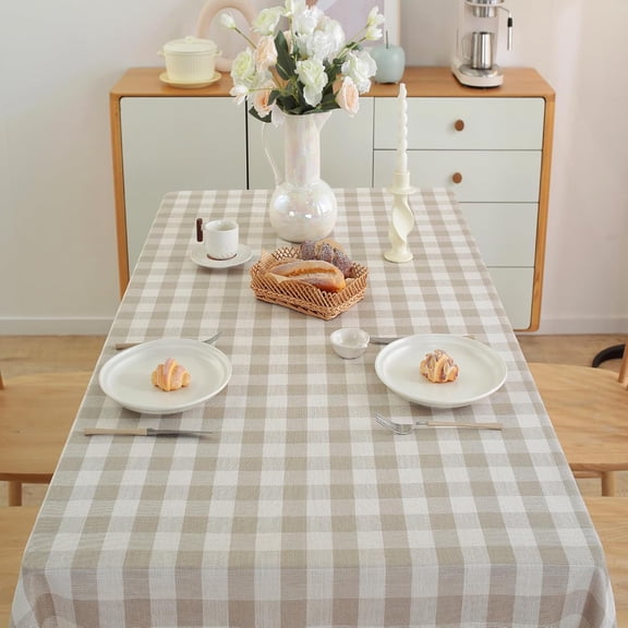 Checkered Tablecloth Rectangle Cotton Linen Fabric Gingham Table Cloth Buffalo Plaid Table Cover with Tassel Wrinkle Free Washable for Kitchen Dining Picnic, Beige and Cream, 55X120''