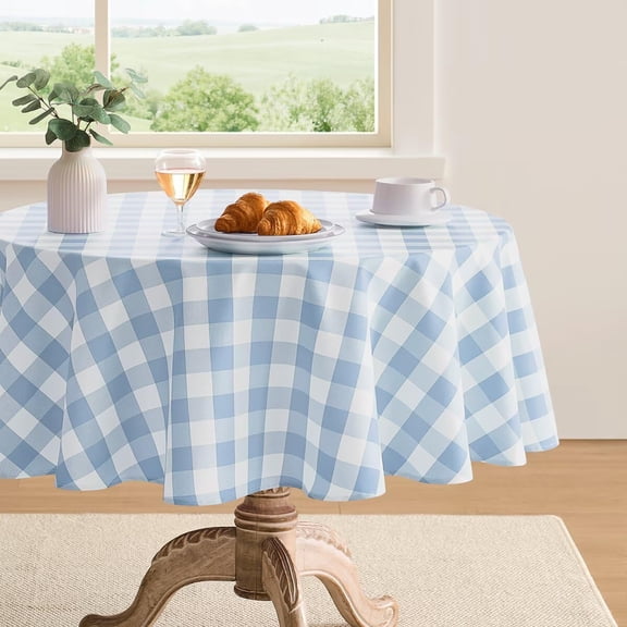 Checkered Tablecloth Rectangle Gingham Table Cloths Waterproof Wrinkle Free Buffalo Plaid Table Covers Washable for Dining, Parties & Outdoor Picnic(Light Blue,60" Round)