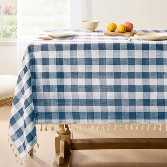 Checkered Tablecloth Rectangle, Outdoor Linen Cotton Gingham Table Cloth with Tassel, Heavy Duty Wrinkle Free Buffalo Plaid Table Cover for Kitchen Dining Home Party - 55 x 70 Inch, Navy