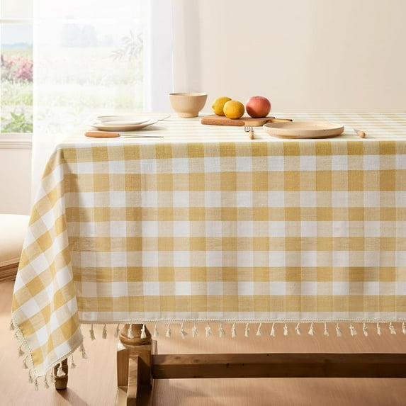 Checkered Tablecloth Rectangle, Outdoor Linen Cotton Gingham Table Cloth with Tassel, Heavy Duty Wrinkle Free Buffalo Plaid Table Cover for Kitchen Dining Home Party - 55 x 84 Inch, Yellow
