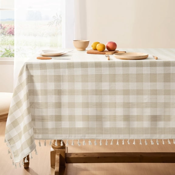 Checkered Tablecloth Rectangle Outdoor Linenton Gingham Table Cloth With Tassel Heavy Duty Wrinkle Free Plaid Cover For Kitchen Dining Summer Party - 55 X 84 Inch Beige