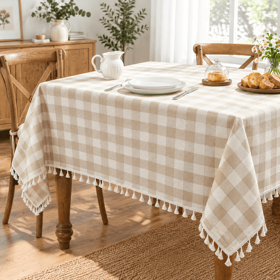 Checkered Tablecloth Rectangle Linenton Gingham Table Cloth With Tassel ...