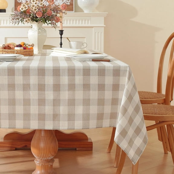 Checkered Tablecloth Rectangle Washable Buffalo Plaid Table Cloth Cotton Linen Gingham Table Cover for Picnic Kitchen Dining Room, Beige and White, 55 * 70