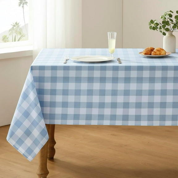 Checkered Tablecloth Rectangle Waterproof Gingham Table Cloth Washable Buffalo Plaid Table Cover Wrinkle Free for Kitchen, Dining and Outdoor Picnic, 60 x 120 Inch, Light Blue and White