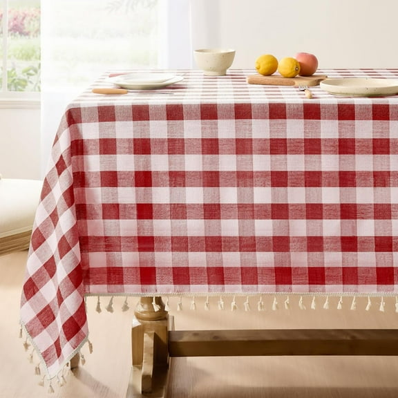 Checkered Tablecloth Square, Outdoor Linen Cotton Gingham Table Cloth with Tassel, Heavy Duty Wrinkle Free Buffalo Plaid Table Cover for Kitchen Dining Home Party - 55 x 55 Inch, Red