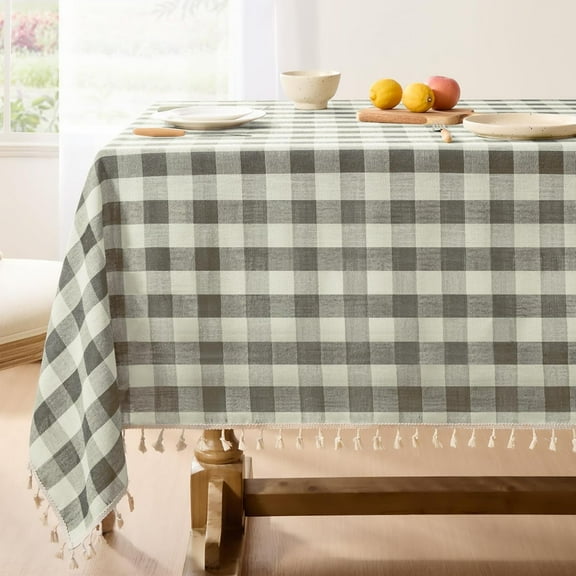 Checkered Tablecloth Square, Heavy Weight Linen Gingham Boho Table Cloth with Tassel, Wrinkle Free Buffalo Plaid Table Cover for Dining/Party/Outdoor - 55 x 55 Inch, Coffee