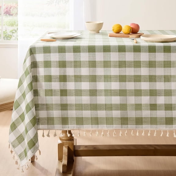Checkered Tablecloth Square, Heavy Weight Linen Gingham Christmas Table Cloth with Tassel, Washable Wrinkle Free Buffalo Plaid Table Cover for Dining/Party/Home - 55 x 55 Inch, Sage