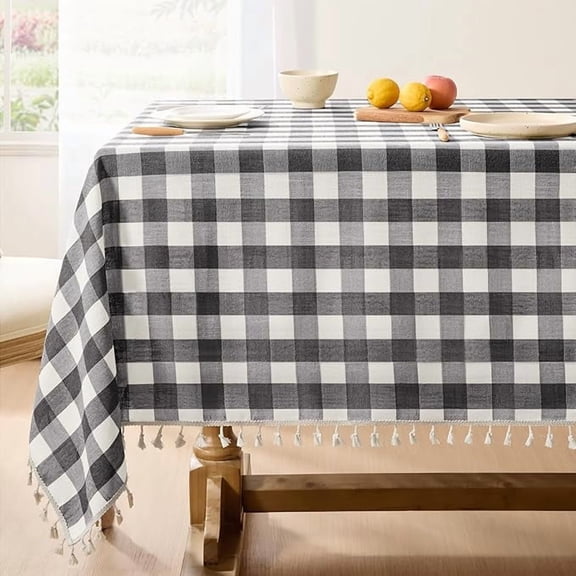 Checkered Tablecloth Square, Heavy Weight Linen Gingham Outdoor Table Cloth with Tassel, Wrinkle Free Buffalo Plaid Table Cover for Dining/Party/Home - 55 x 55 Inch, Black