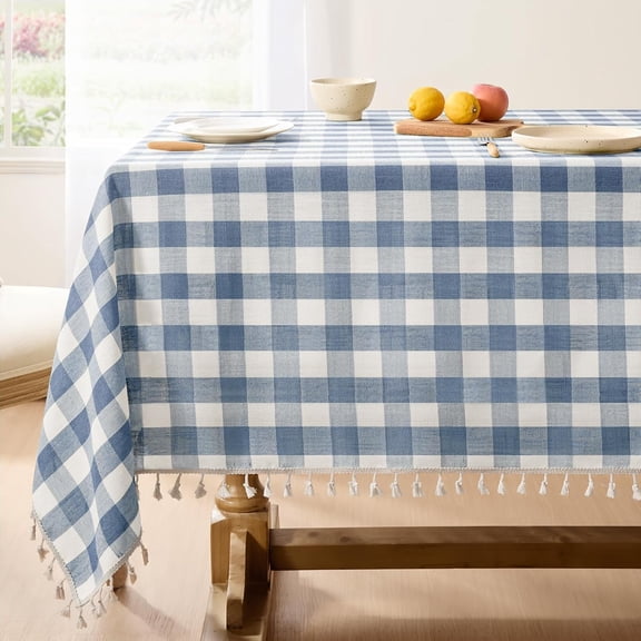 Checkered Tablecloth Square, Outdoor Linen Cotton Gingham Table Cloth with Tassel, Heavy Duty Wrinkle Free Buffalo Plaid Table Cover for Kitchen Dining Home Party - 55 x 55 Inch, Blue