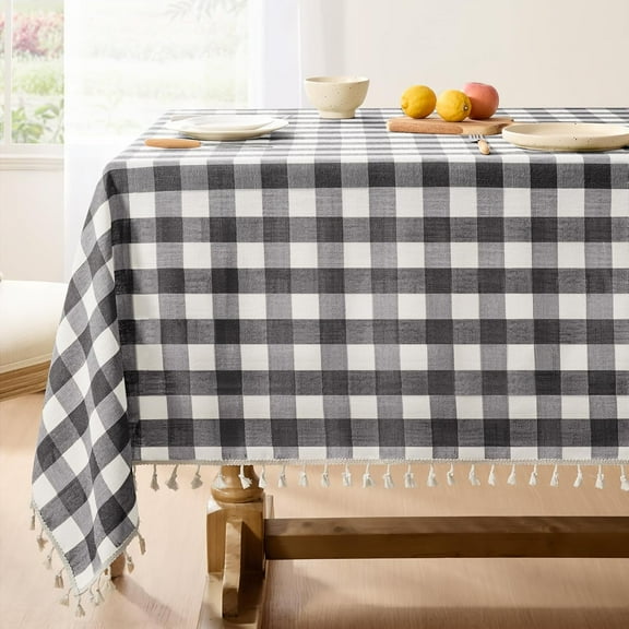 Checkered Tablecloth Square, Outdoor Linen Cotton Gingham Table Cloth with Tassel, Heavy Duty Wrinkle Free Buffalo Plaid Table Cover for Kitchen Dining Home Party - 55 x 55 Inch, Black