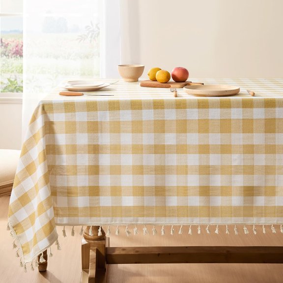 Checkered Tablecloth Square, Outdoor Linen Cotton Gingham Table Cloth with Tassel, Heavy Duty Wrinkle Free Buffalo Plaid Table Cover for Kitchen Dining Home Party - 55 x 55 Inch, Yellow