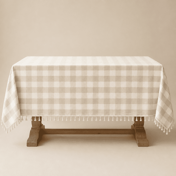 Checkered Tablecloth Square Outdoor Linenton Gingham Table Cloth With Tassel Heavy Duty Wrinkle Free Plaid Cover For Kitchen Dining Summer Party - 55 X 55 Inch Beige