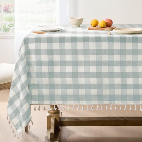 Checkered Tablecloth Square Outdoor Linenton Gingham Table Cloth With Tassel Heavy Duty Wrinkle Free Plaid Cover For Kitchen Dining Summer Party - 55 X 55 Inch Aqua