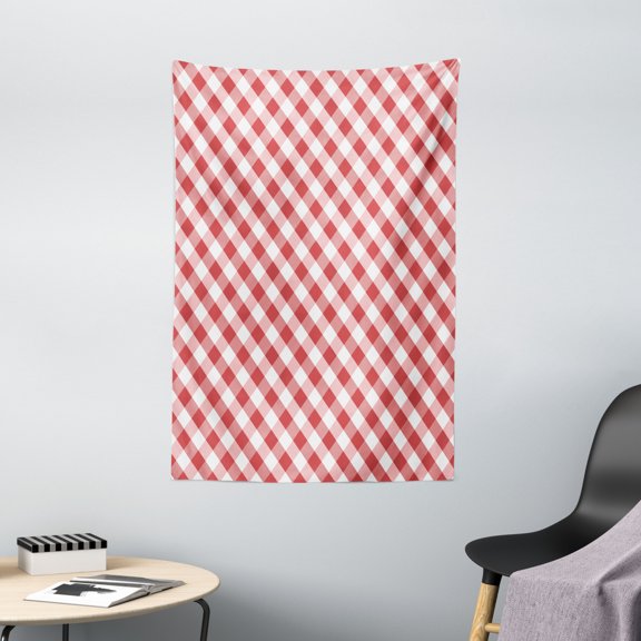 Checkered Tapestry, Crosswise Stripes with Little Red Squares Retro Style Abstract Pattern, Wall Hanging for Bedroom Living Room Dorm Decor, 40W X 60L Inches, Red Pale Pink White, by Ambesonne
