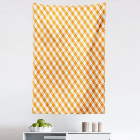 Checkered Tapestry, Diagonal Gingham Pattern in Orange and White Tones Old Fashioned Classical Tile, Fabric Wall Hanging Decor for Bedroom Living Room Dorm, 5 Sizes, Orange White, by Ambesonne