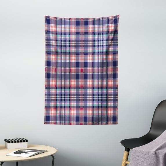 Checkered Tapestry, Pink and Blue Colored Repeating Pattern with Intersecting Lines and Squares, Wall Hanging for Bedroom Living Room Dorm Decor, 40W X 60L Inches, Navy Blue Pink, by Ambesonne