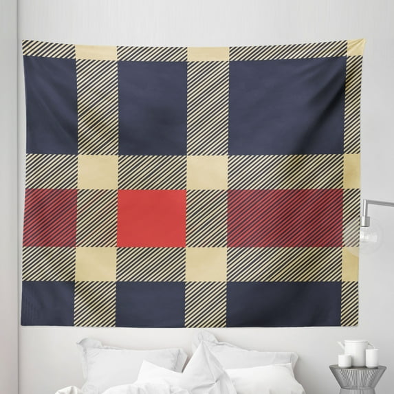 Checkered Tapestry, Vintage Plaid Scottish Tartan Pattern with Retro Display Checks Lines, Fabric Wall Hanging Decor for Bedroom Living Room Dorm, 5 Sizes, Dark Blue Coral Cream, by Ambesonne
