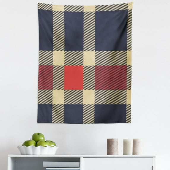Checkered Tapestry, Vintage Plaid Scottish Tartan Pattern with Retro Display Checks Lines, Fabric Wall Hanging Decor for Bedroom Living Room Dorm, 5 Sizes, Dark Blue Coral Cream, by Ambesonne