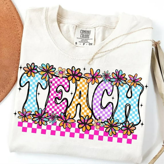 Checkered Teach Flowers T-shirt, Retro Teacher Shirt, Bright Teach Shirt, Spring Teach Shirt, Flower Teacher Shirt Design, Checkerboard Teach Design TH220533