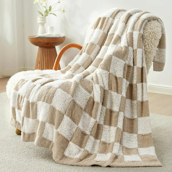 Checkered Throw Blanket Faux Fur Microfiber Blankets for Couch,Cozy Soft Warm Blanket for Sofa Bedroom Living Room,Beige Checker,50x60 inches