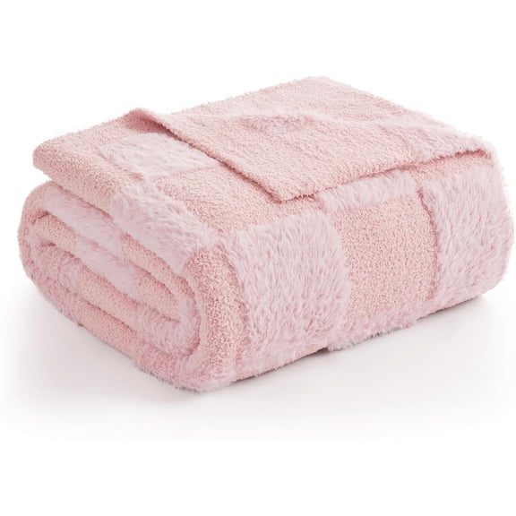 Checkered Throw Blanket,Fluffy Faux Fur Knitted with Soft Microfiber Warm Throw Blankets for Couch, Sofa, Chair, Bed, Camping, Picnic, Travel, Solid Pink, 50x60 inches
