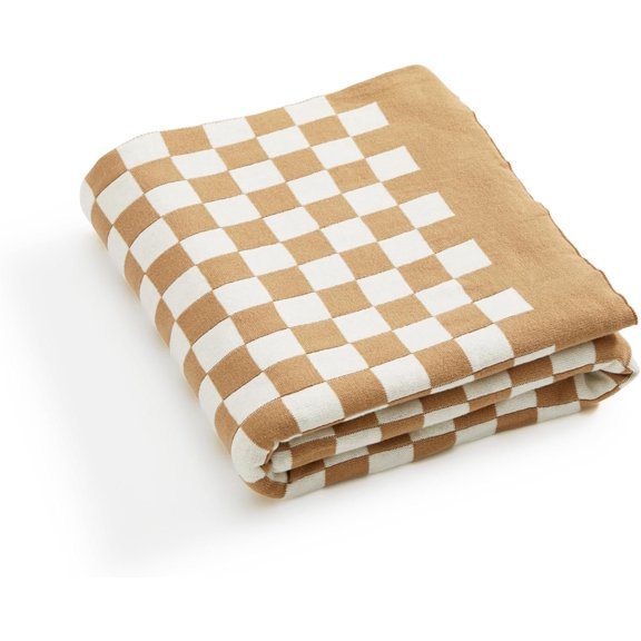 Checkered Throw Blanket Lightweight Breathable Ultra-Thin Knit Weave for Bed Couch Sofa Soft Cozy Cooling for Spring Summer Khaki 51x63 inches