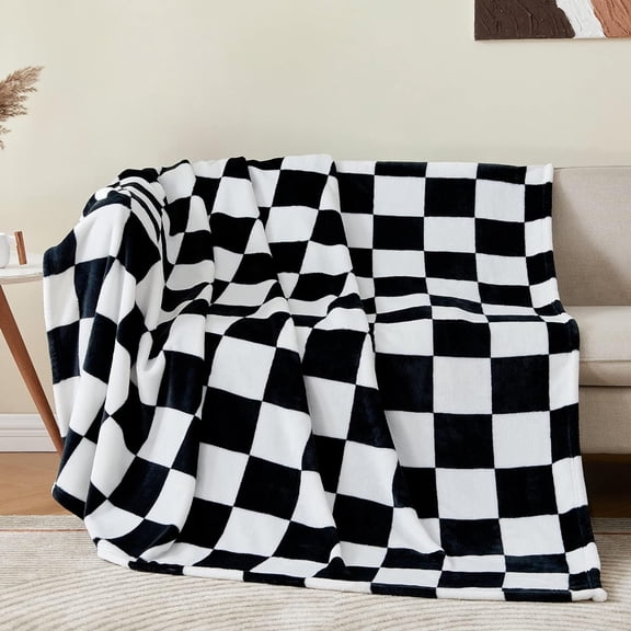Checkered Throw Blanket Twin Size for Couch and Bed, Luxurious Fleece Blanket with Checkerboard Grid Home Decor, Soft Cozy Black and White Warm Blankets for Spring, 60"x80"