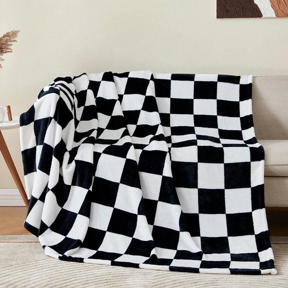 Checkered Throw Blanket for Couch, Soft & Cozy Fleece Flannel Blanket with Checkerboard Grid Home Decor, Checkered Black, 50x60 Inches