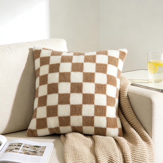 Checkered Throw Pillow Cover 18x18, Teddy Fleece Pillow Cover with Hidden Zipper, Soft Square Cushion Case for Sofa Chair, Khaki