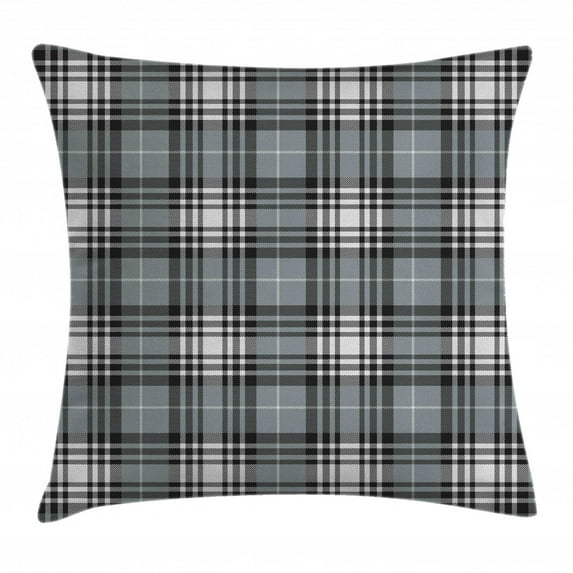 Checkered Throw Pillow Cushion Cover, Old Fashioned Plaid Tartan in Dark Colors Classic English Tile Symmetrical, Decorative Square Accent Pillow Case, 24 X 24 Inches, Grey Black White, by Ambesonne